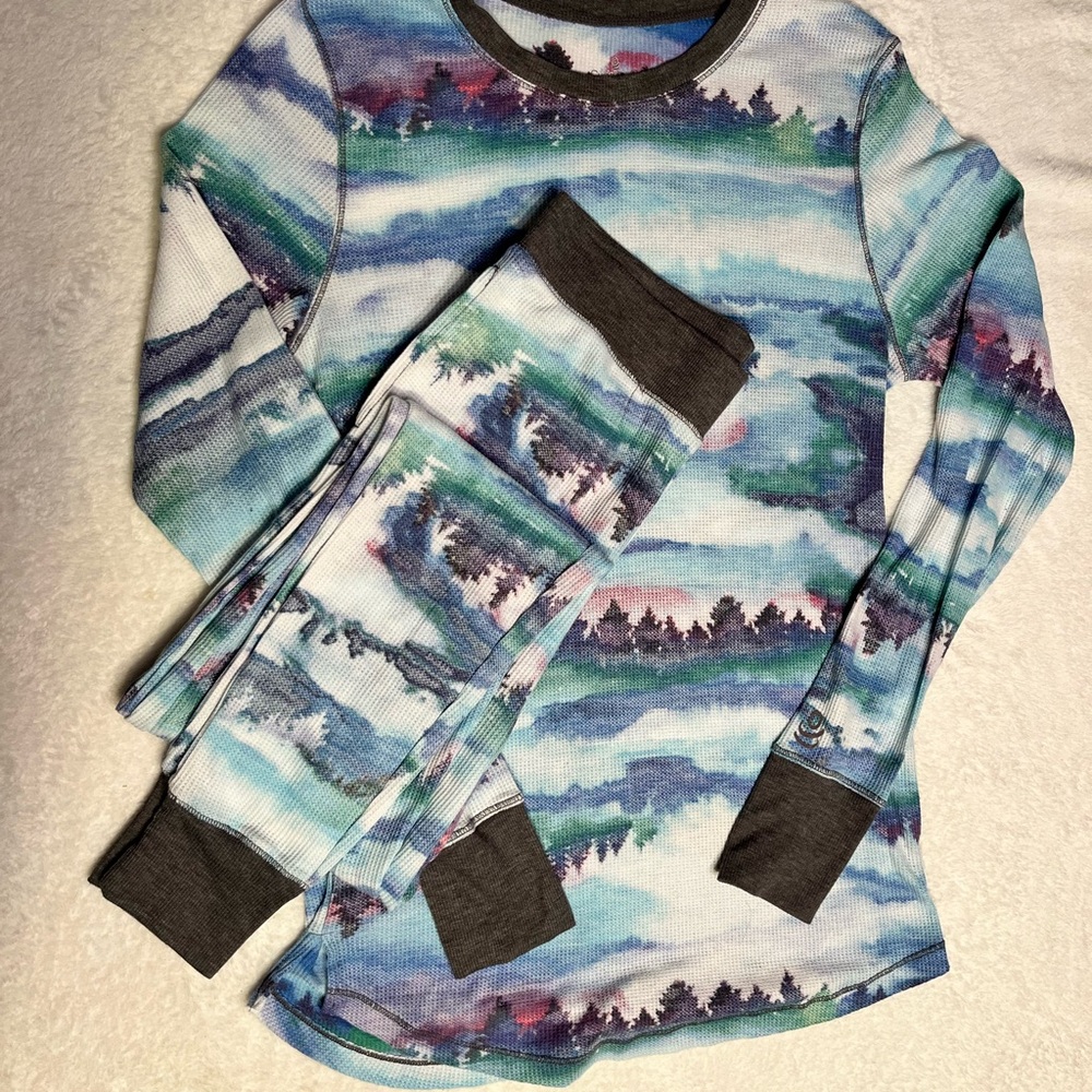 Cuddl Duds Women's Two-Piece Pajama Set in Blue, Green & Purple Scenic Print
